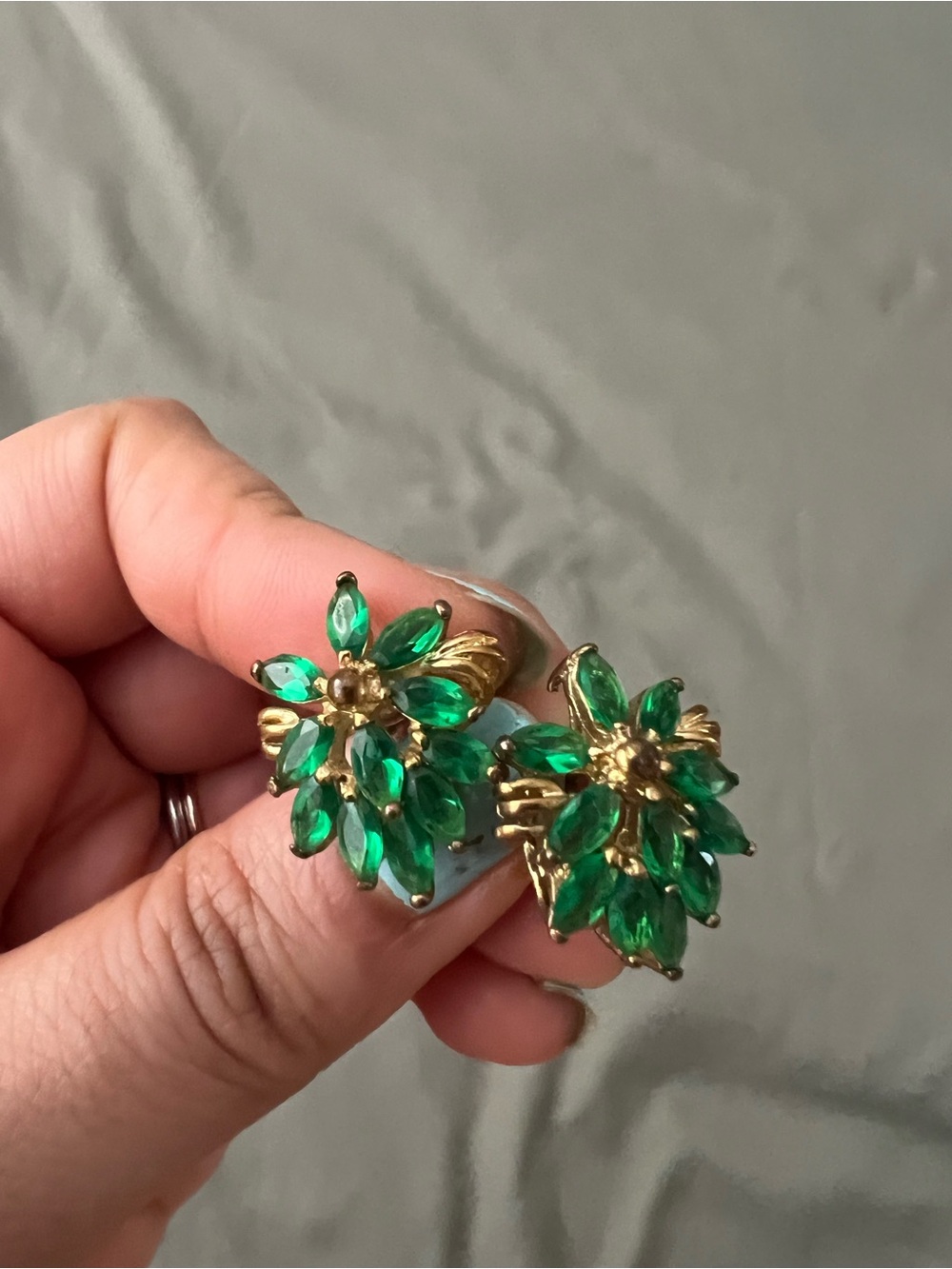Gold-Tone Floral Clip Earrings with Emerald Green Stones